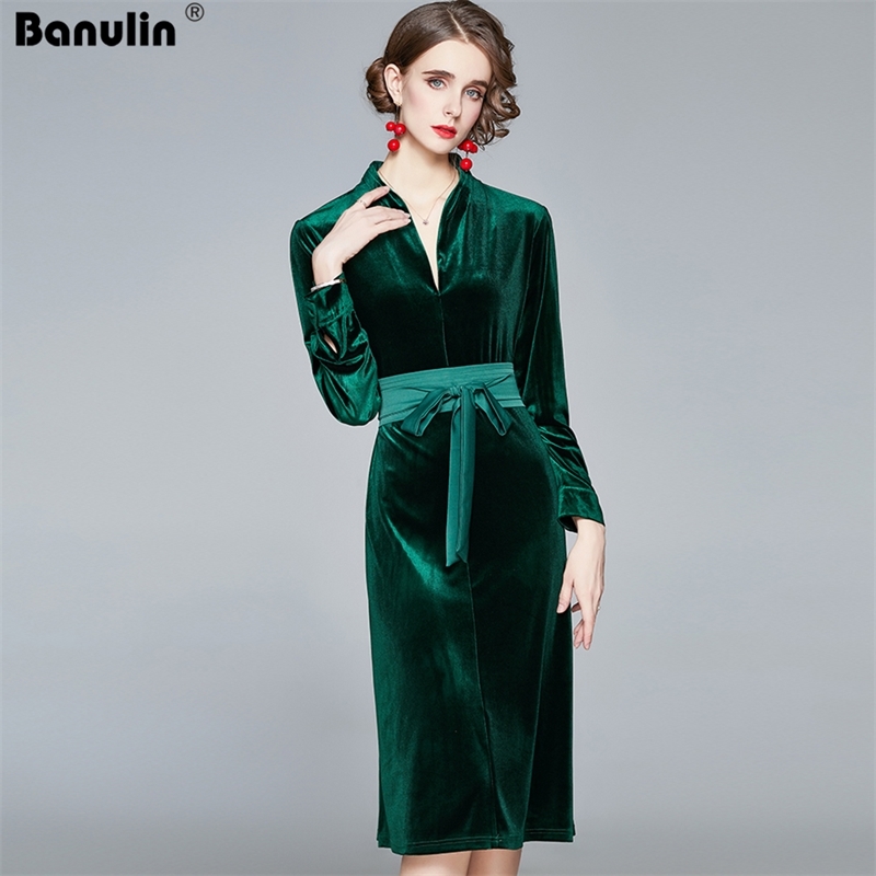 

Banulin Women Winter Elegant Velvet Dress Festa High Quality Office Pencil Bow Lace UP Party Robe Femme V-neck Green Vestidos 210603, Dark green