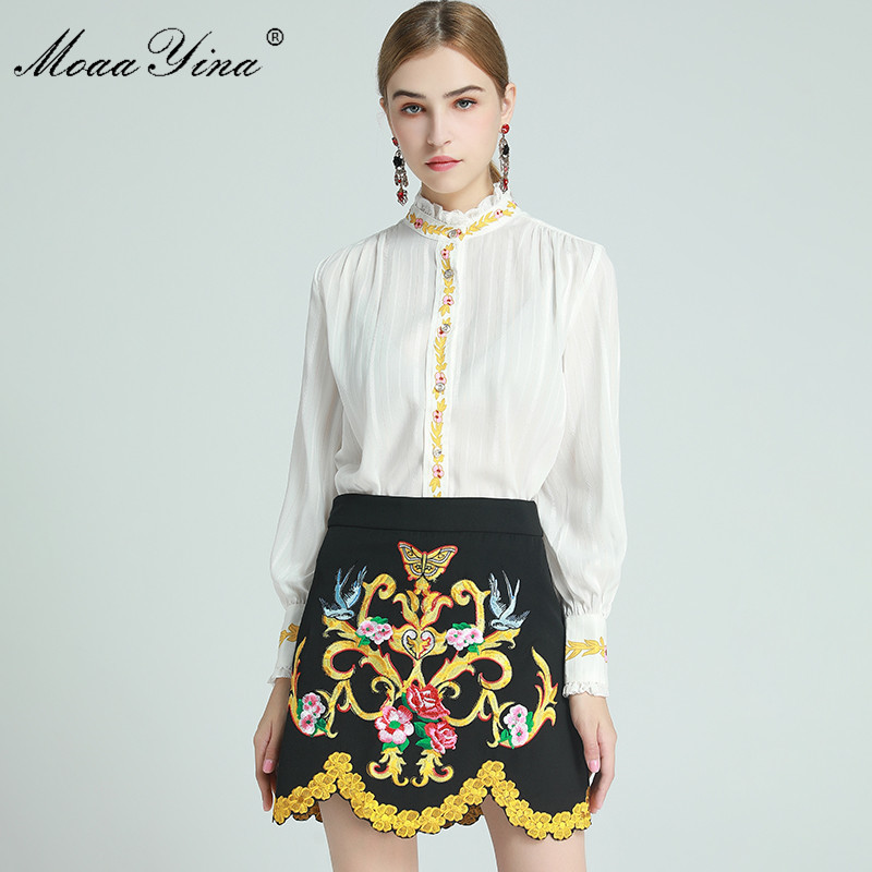 

Fashion Designer Set Spring Women' Long sleeve Blouses Tops+Flowers Embroidery Skirt Two-piece sets 210524, White