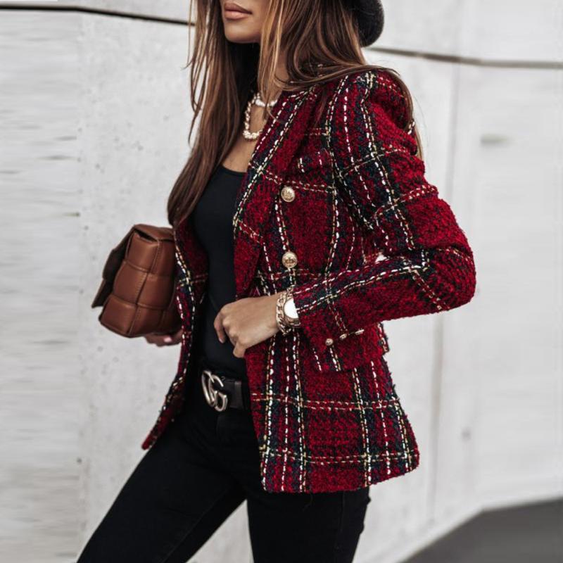 

Women' Suits & Blazers Fashion Autumn Slim Double Breasted Long Coats Winter Women Green Plaid Coat Jacket Casual Printing Warm Overcoat, Khaki
