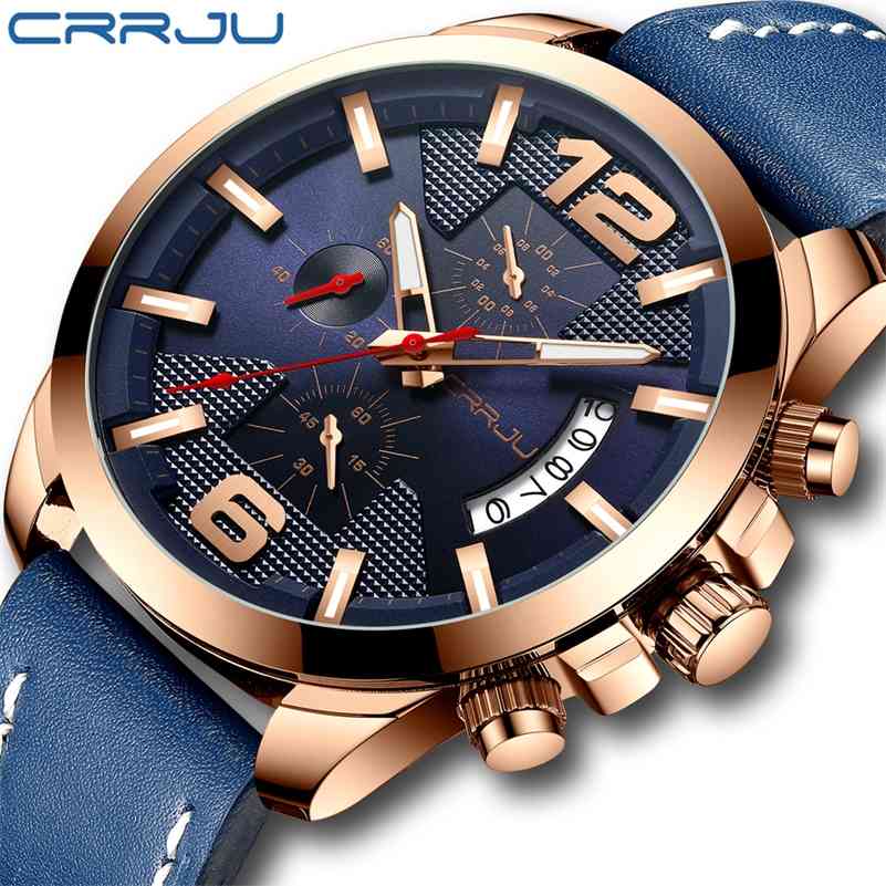 

Top Luxury Brand CRRJU Chronograph Men Watch Fashion Military Sport Waterproof Leather Wristwatch Relogio Masculino 210517, Blue rose blue