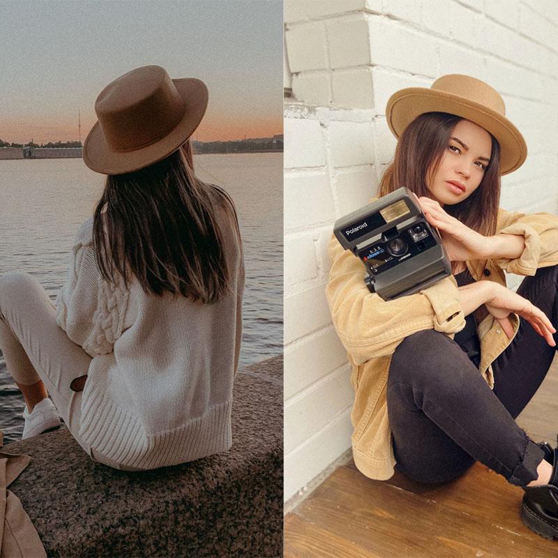 

Winter Autumn Imitation Wool Fedoras Cap Fashion Cool Solid Color Flat Top Women Jazz Hat Female Lady Wide Brim Felt Fedora Stingy Hats, Black