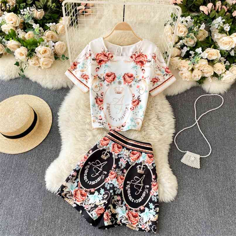 

Summer Shorts Suits Runway Design Vintage Printed Pattern Tshirt + High Waist Wide Leg Ladies Fashion 2 Piece sets 210602, Multi