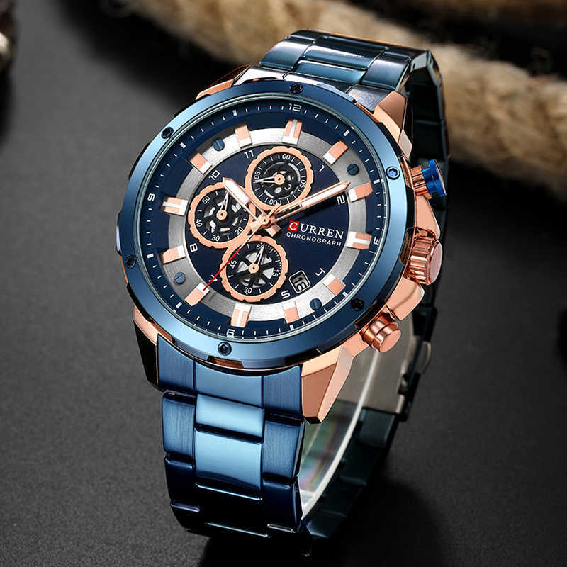 

Curren Chronograph Men's Watch Quartz Blue Clock Men Wristwatch Stainless Steel Waterproof Luxury Brand Man 210707, Gold gold