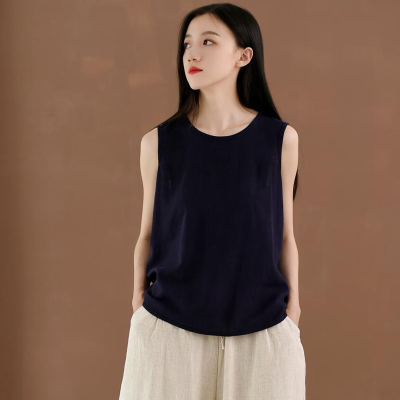 

Johnature Women 5 Color Tanks Irregular Sleeveless O-Neck Solid Color Vintage Loose Soft Women Cloths Casual Tanks 210521, Black