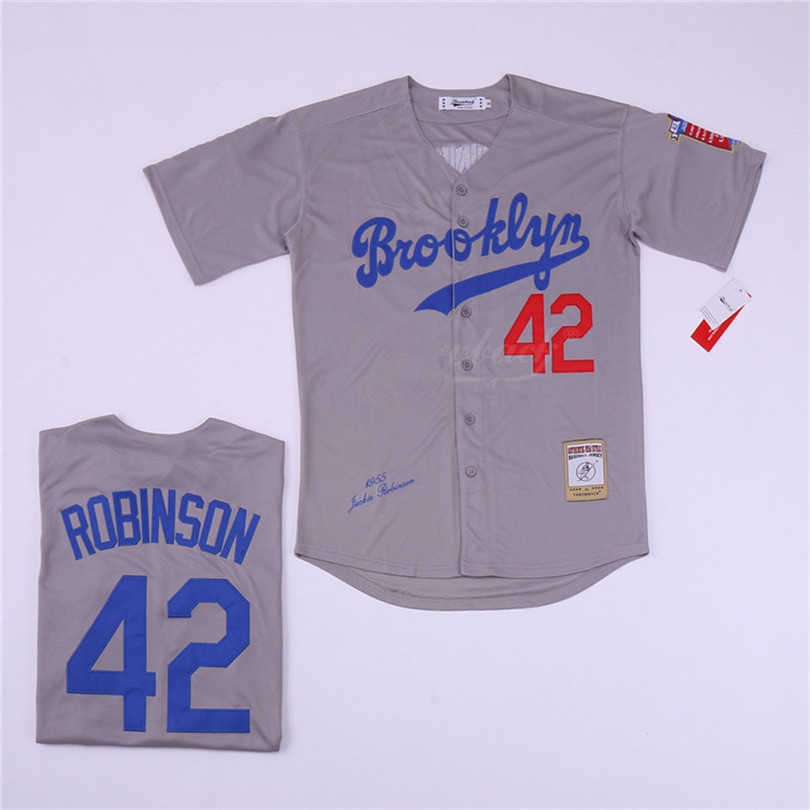 

Men 1955 Legend Brooklyn 42 Jackie Robinson Baseball Jersey Team Grey Color Cool Base Breathable Pure Cotton Embroidery And Sewing High