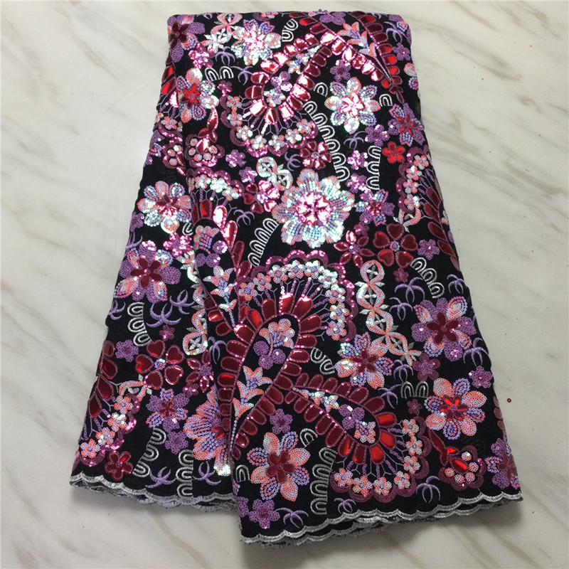 

Multicolor 5Yards/lot Fashion French Net Lace Fabric Match Nice Colorful Sequins Decorated African Mesh Material PLJ1007