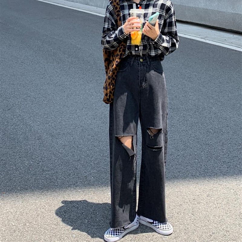 

Woman Jeans Ripped High Waist Clothes Wide Leg Denim Clothing Streetwear Vintage Quality 2021 Fashion Harajuku Straight Pants, Gray