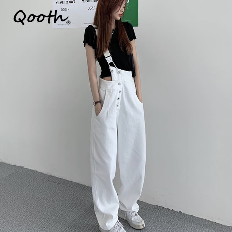 

Qooth Spring Autumn College Style One-Shoulder Cross-Body Jeans Loose Women's Trousers Wide-Leg All Sizes QT508 210518, White