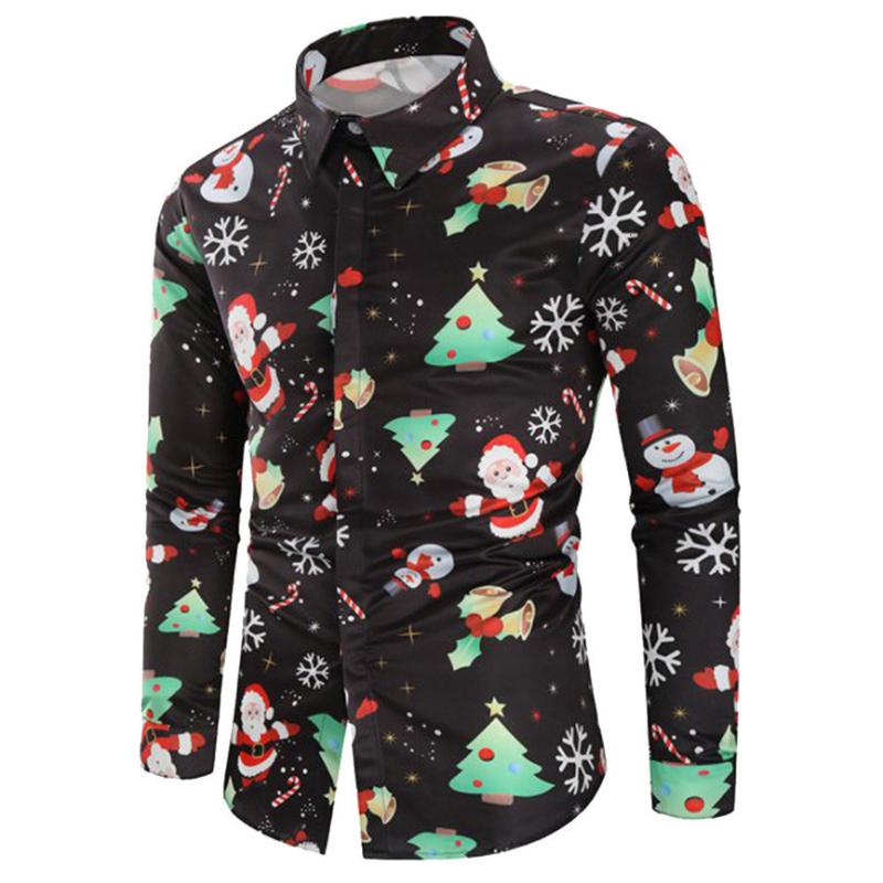 

Men's Casual Shirts Camisa Masculina Men Snowflakes Santa Candy Printed Christmas Shirt Top Blouse Chemise Homme Noel Long Sleeve, White;black