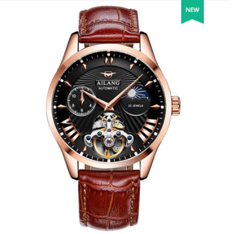 

Wristwatches AILANG Luxury R Phase Automatic Watch Men Chronograph Tourbillon Mens Skeleton Mechanical Watches Male Relogio Brand, Slivery;brown