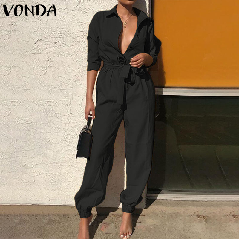 

VONDA Sexy Overalls Rompers Womens Jumpsuits 2021 Autumn Pants Casual Vintage Deep V Neck Long Sleeve Party Playsuits Plus Size, Black