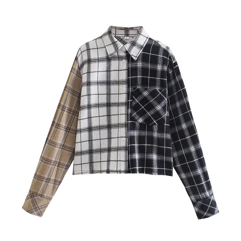 

Women's Blouses & Shirts ZXQJ Casual Women Shirt 2022 Spring Fashion Ladies Long Sleeve Vintage Clashing Color Blouse Streetwear Plaid Print, White
