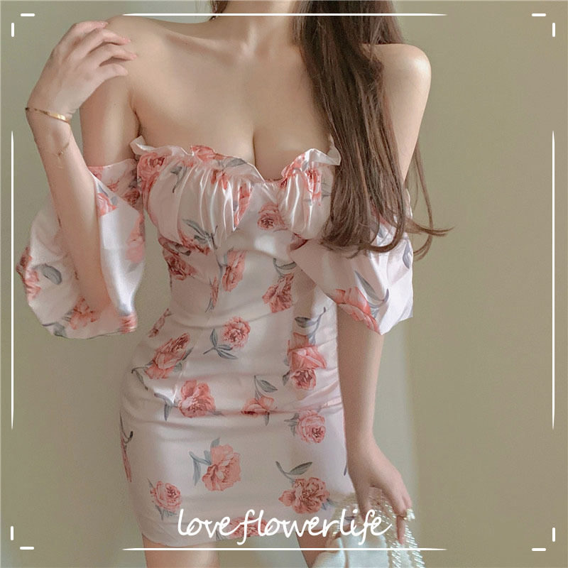 

One Shoulder Dress Elegant Vintage Floral High Waist Fairy Dress Evening Party Korea Style Design Slim Women Dresses Summer 210521, As picture