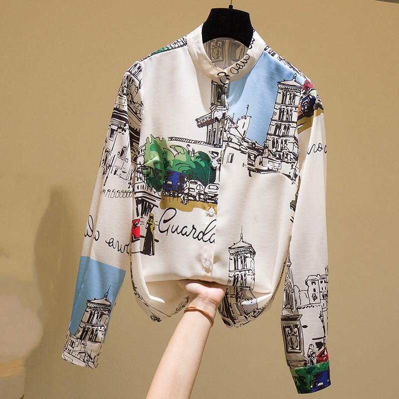 

Vintage Printed Tops Women Chiffon Long Sleeved Shirt Autumn 2021 Designer Single-Breasted Office Lady Shirts Women' Blouses, Picture color
