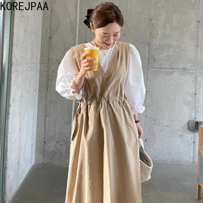 

Korejpaa Women Dress Simple Temperament Round-neck Loose Bubble Sleeve Shirt and Side Strap Waist Strap Dress Long Skirt 210526, Blouses