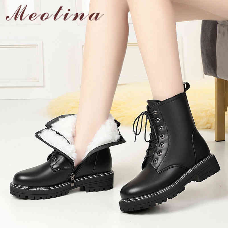 

Meotina Real Wool Fur Real Leather Flat Platform Motorcycle Boots Women Short Boots Shoes Lace Up Zip Ankle Boots Winter Black 210520, Black wool fur