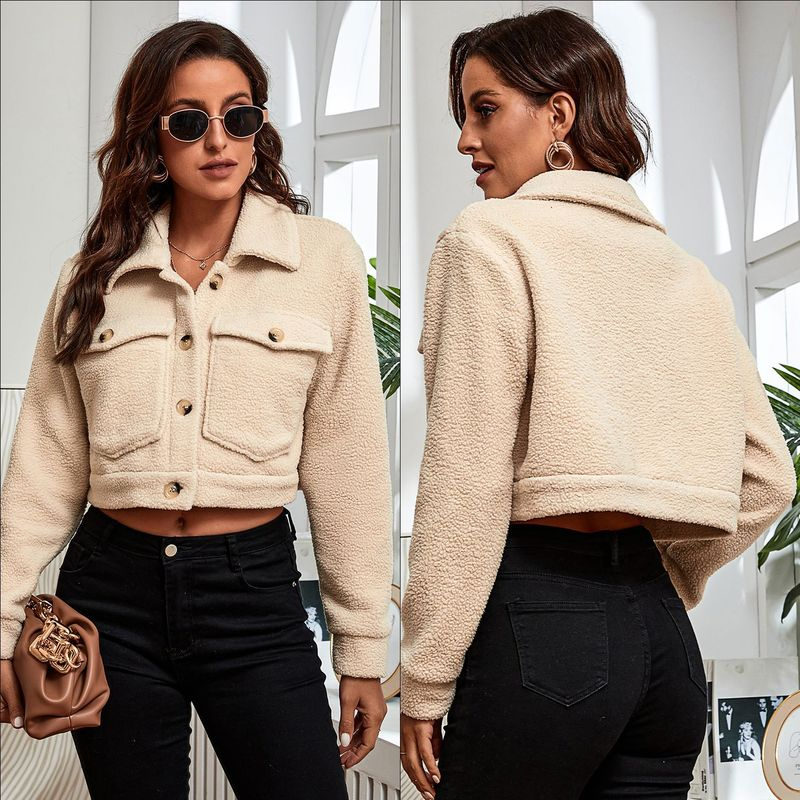 

Women's Coat Fashion Autumn Winter Western New Style Solid Double Pocket Lamb Wool Short Coat Warm Shirt Jacket Outerwear, Black;brown