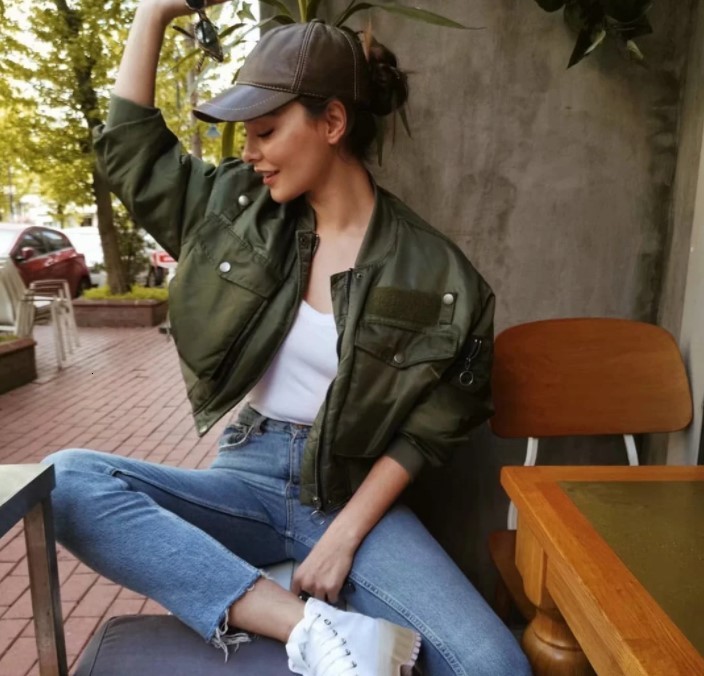 

Women' Jackets Pockets Coats And Women Female Casual Army Green Bomber Jacket Korean Zipper Outwear Punk Streetwear G920