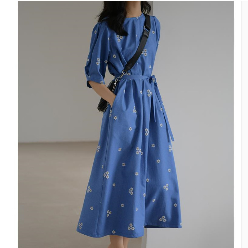 

Women' Knits & Tees Spring Summer Flowers Print Women Dress Round Neck Loose Short Sleeve Long Fashion Casual With Belt 23HP, Blue