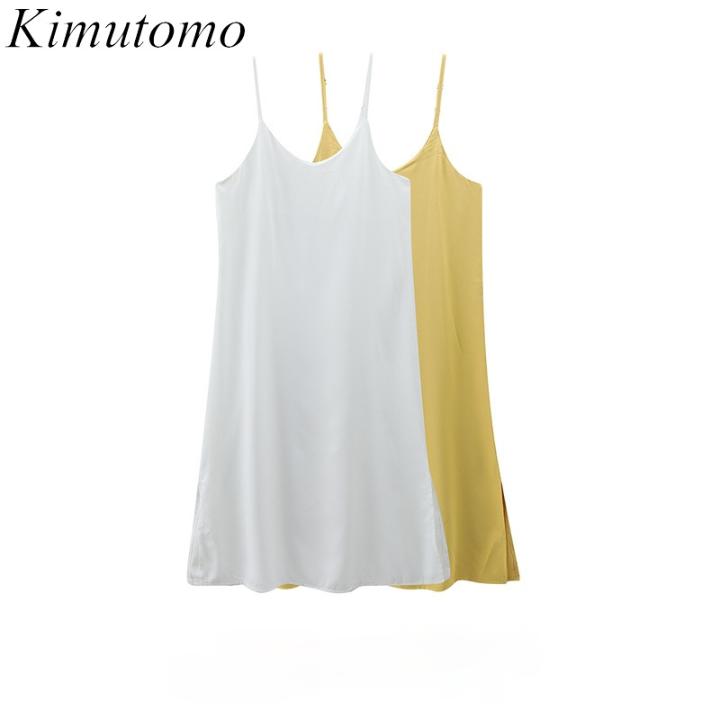 

Kimutomo Chic Elegant Solid Dresses Summer French Style Ladies V-neck Loose Split Spaghetti Strap Vestido Outwear Casual 210521, Blue