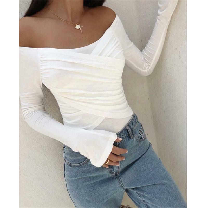

Women' Blouses & Shirts Sexy Off Shoulder Ladies Solid White Cross Tops Blouse Long Sleeve Elegant Casual Slim, As pic