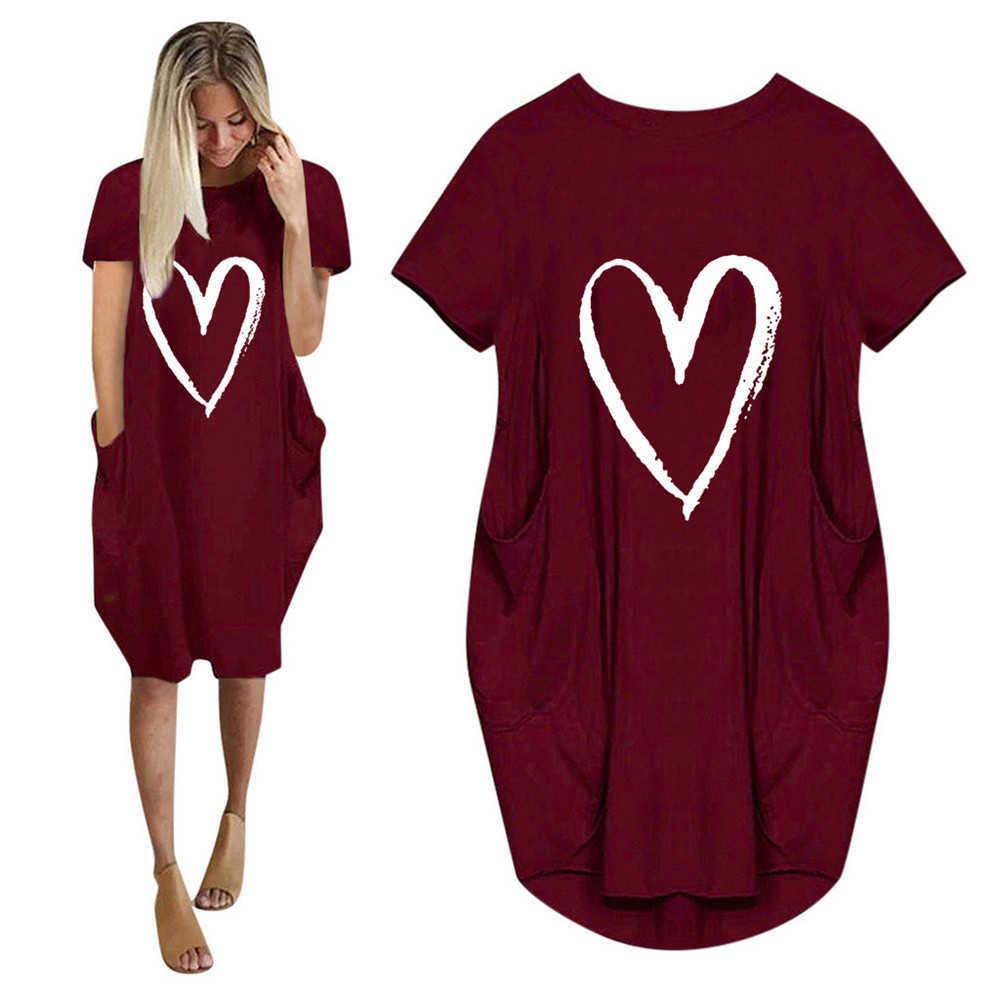 

Women Casual Loose DrWith Pockets Fashion O Neck Short Sleeve Love Print Long Tops Female Street Plus Size 5XL T-shirt Dress X0529, Black;gray