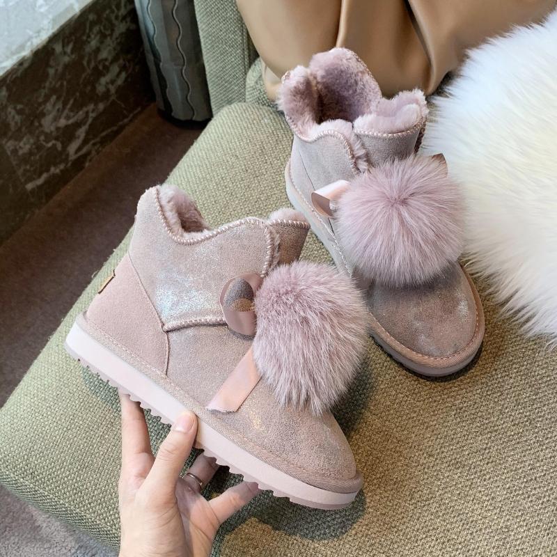 

Boots Rimocy Sweet Fluffy Fur Ball Pink Snow Womens Winter Warm Thick Plush Ankle Women Non-slip Platform Shoes Woman, Black