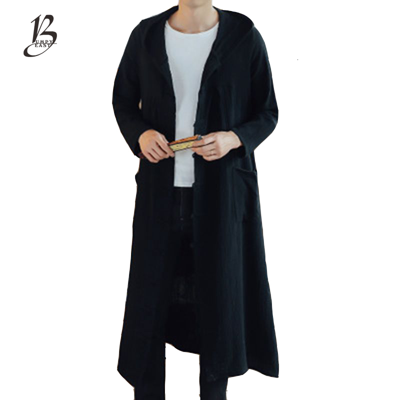 

Men's Trench Coats Spring and autumn long cap hooded windbreaker Chinese loose tide clothing for males, Black