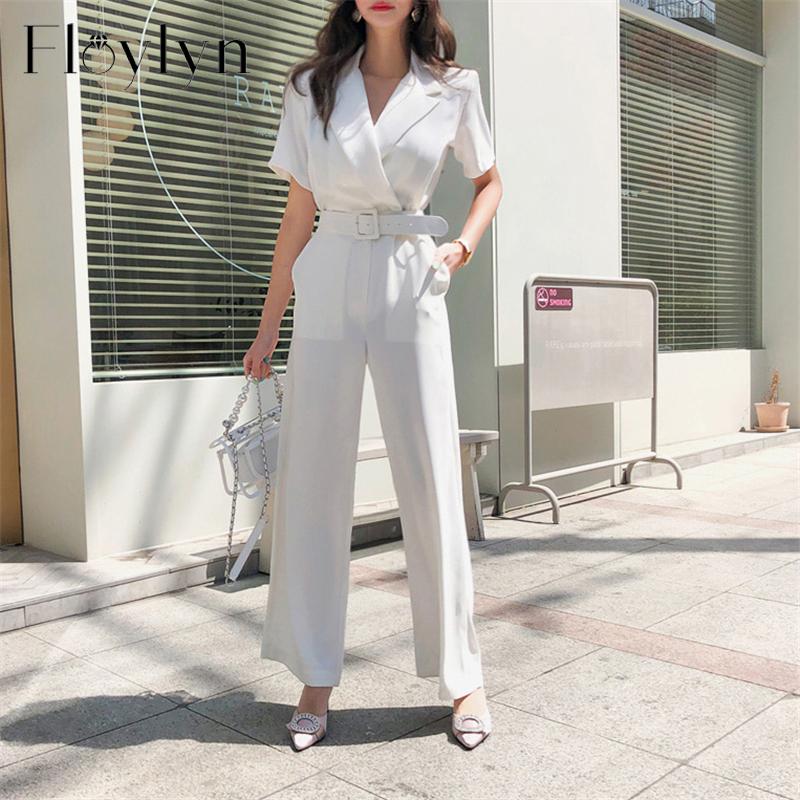 

Women' Jumpsuits & Rompers Office Ladies Notched Collar Short Sleeve Sashes Women Jumpsuit Elegant Work Business Wide Leg Pant White Female, As picture