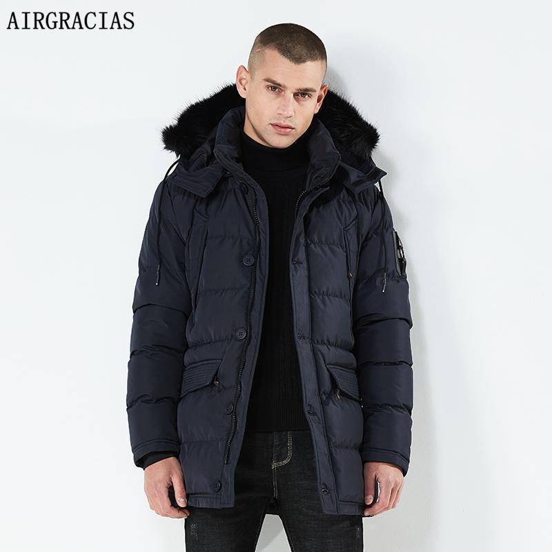 

Men's Down & Parkas AIRGRACIAS Top Quality Fur Collar Warm Men Winter Jacket Windproof Casual Outerwear Thick Medium Long Coat Parka1, Black
