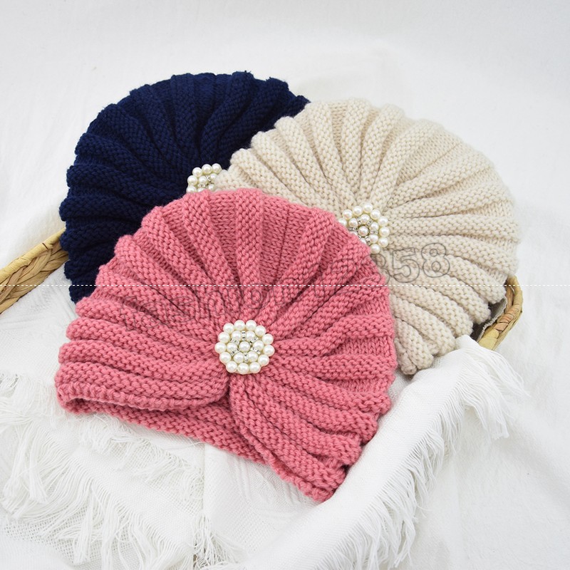 

2021 Fashion Bohemia Pearl Turban Hijab Cap Muslim Cashmere Wrap Head Indian Hat Wool Knitting Bonnet Turbante Ready To Wear, Mixed color