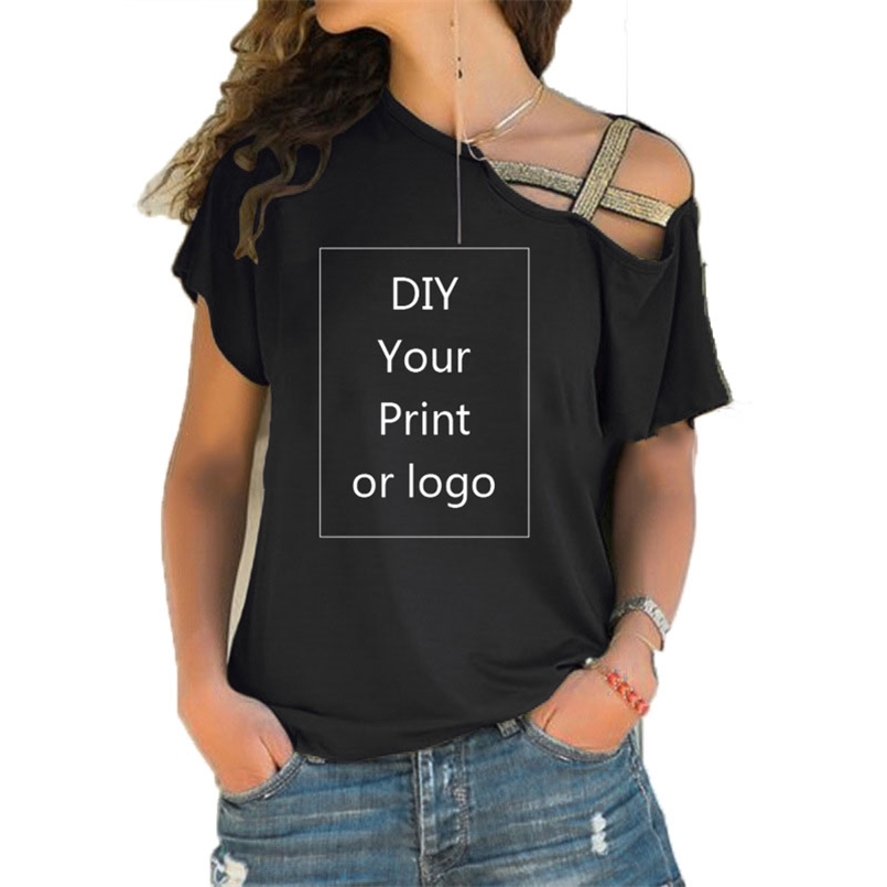 

Customized Print T Shirt for Women DIY Your like Po or Top T-shirt Femme Irregular Skew Cross Bandage Size -5XL Tees 210708