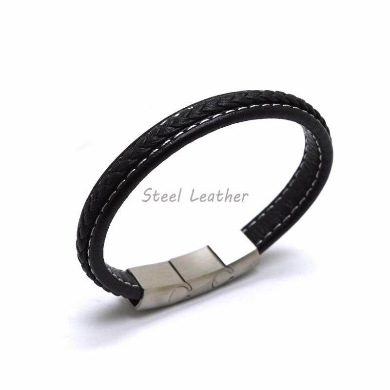 

Charm Bracelets 5pcs/lot Engrave Logo Fashion Braided Leather Bracelet For Men Women Stainless Steel Magnetic Clasp Male Bangles