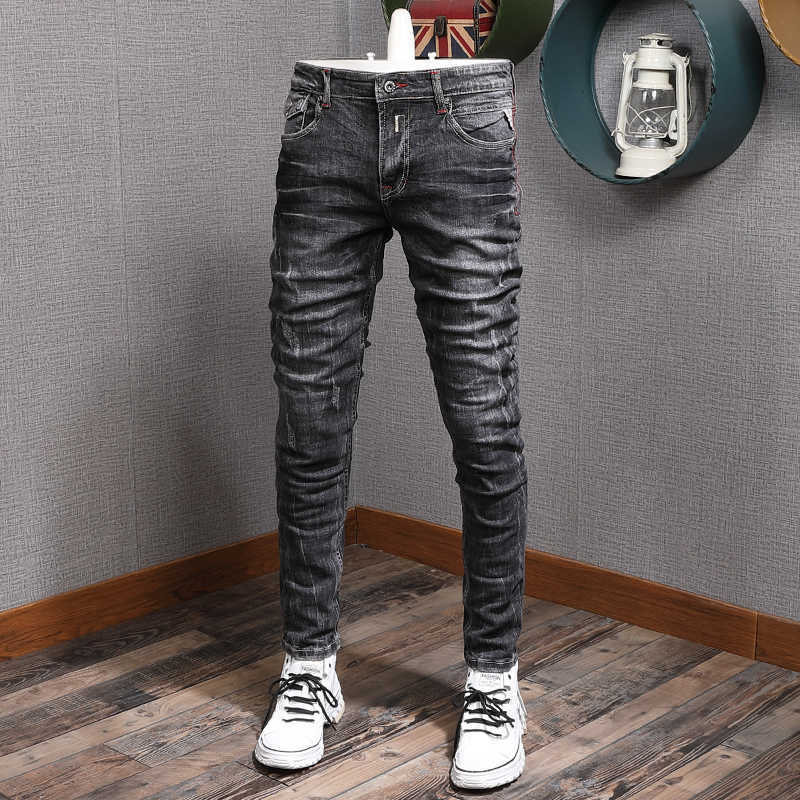 

Italian Style Fashion Men Jeans Retro Black Gray Elastic Cotton Ripped for Vintage Designer Slim Fit Denim Pants Homme O8WX