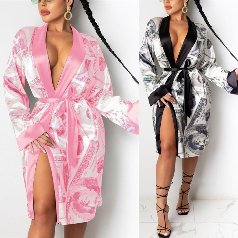 

Women' Sleepwear 2021 Sexy Women Bathrobe Money Printed Satin Pajamas Robes Spring Autumn Night Gown Home Clothes Lounge Wear Kimono, Red