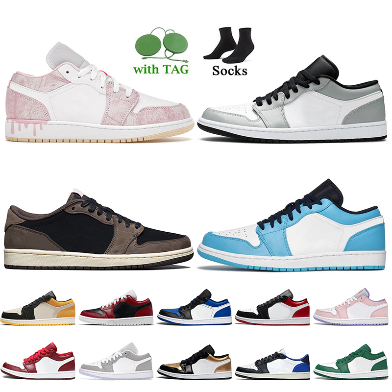 

big size us 12 retro jordan 1 low basketball shoes 1s womens mens paint drip light smoke grey air jorden travis scott fragment unc universit