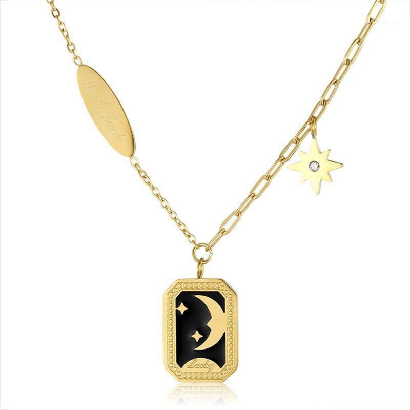 

Chains HIYONG Stainless Steel Star Moon Black Enamel Necklace Vintage Square Pendant Necklaces Gold Color Clavicle Chain Women