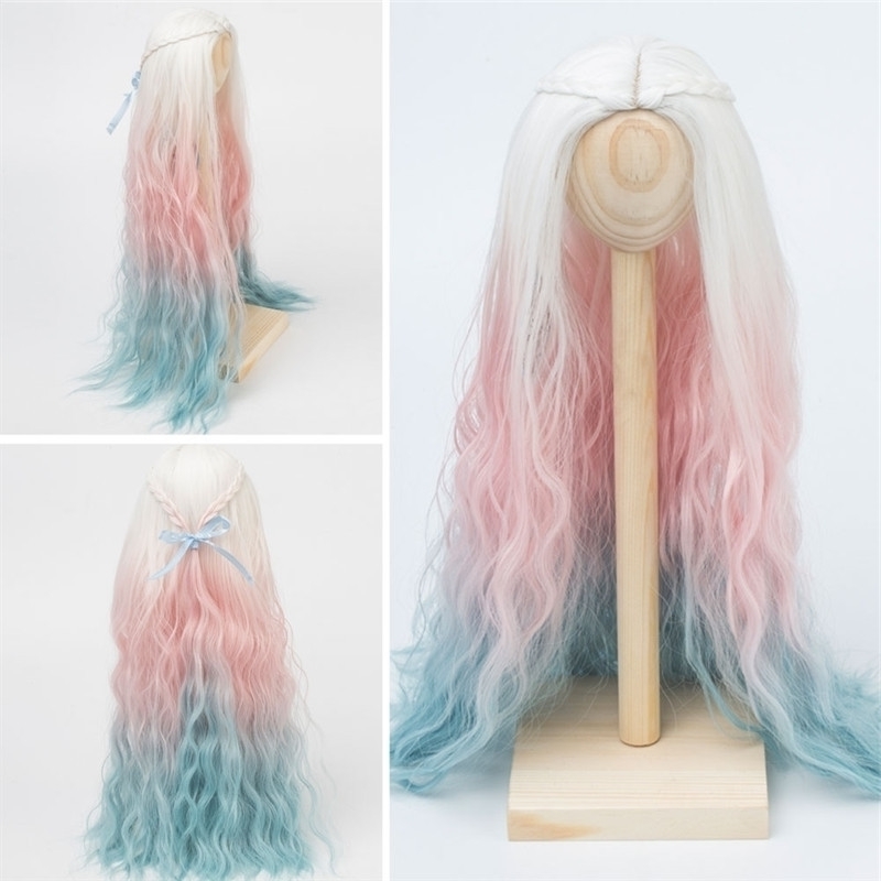 

medium BJD doll wig gradient long 6 SD high temperature silk big wave 4 part braid bubble face curl, Ombre color