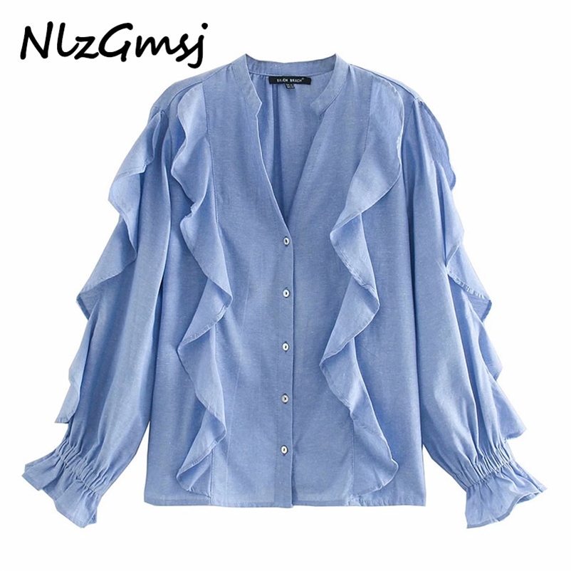 

Women Fashion With Ruffle Trims Loose Blouses Vintage Long Sleeve Button-up Female Shirts Blusas Chic Tops 210628, As picture