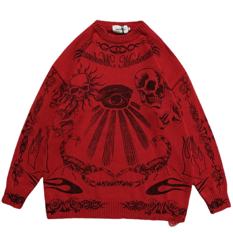 

Men's Sweaters Autumn Winter Hip Hop Oversize Sweater Men Women Harajuku Skull Graffiti Retro Vintage Knitted Unisex Cotton Pullover, White;black