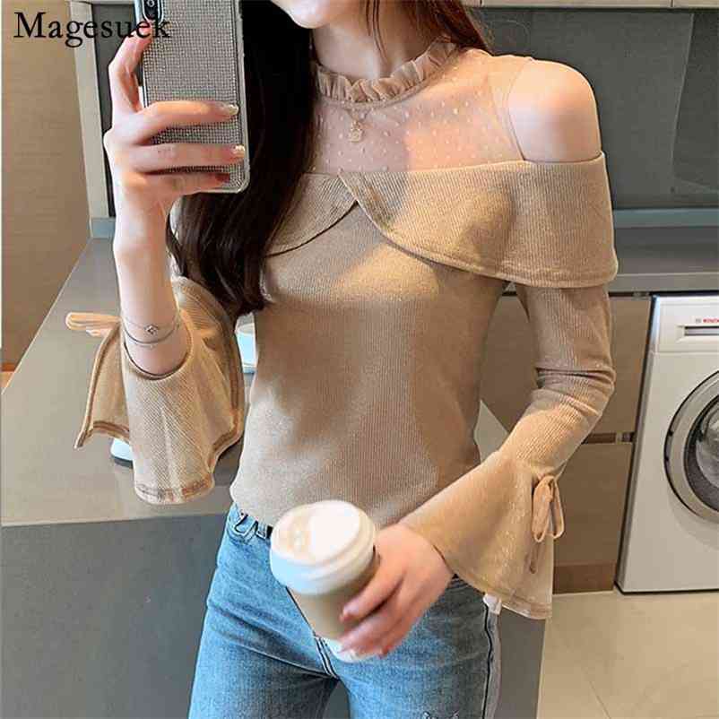 

Off-Shoulder Autumn Korean Solid Mesh Shirt for Women Office Knitted Flare Sleeve Blouse Pullover Blusas 10448 210518, Khaki