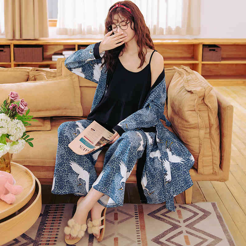 

Women's Sleepwear Women Pajamas 3pcs Spring Autumn Sexy Suspender Plus Size Fat Loose Pure Cotton Oversize Home Clothes Japanese Style Kimono P9YN, 1# packing bag