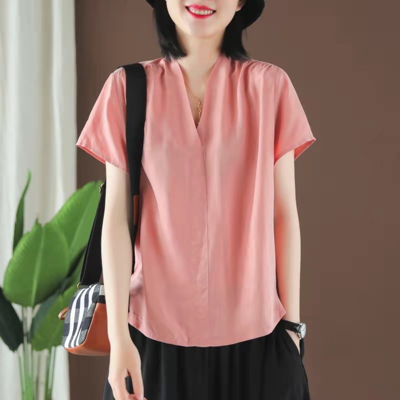

Women's T-Shirt 2021 Arrival Summer Korean Style Women Loose Casual Short Sleeve V-neck T Shirt All-matched Chiffon Patchwork T-shirt W323 0LTW, Pink
