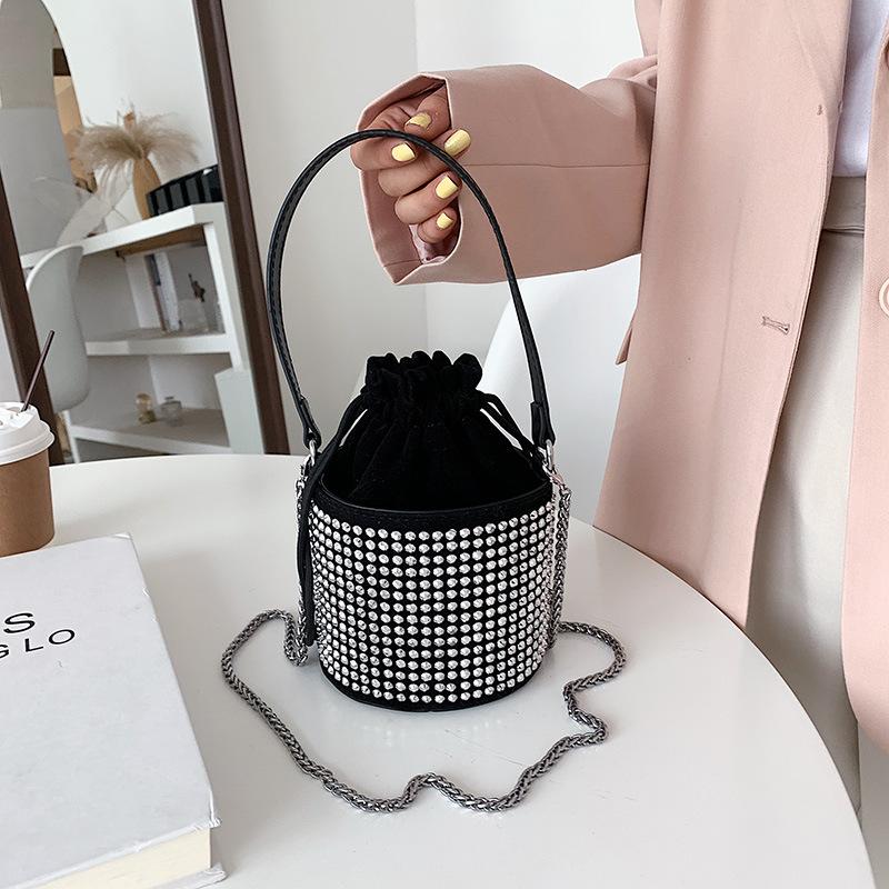 

Luxury Mini Bag Women 2021 Summer Trendy Fashion Rhinestone Single Shoulder Western Style Chain Messenger Bucket Bags, Black