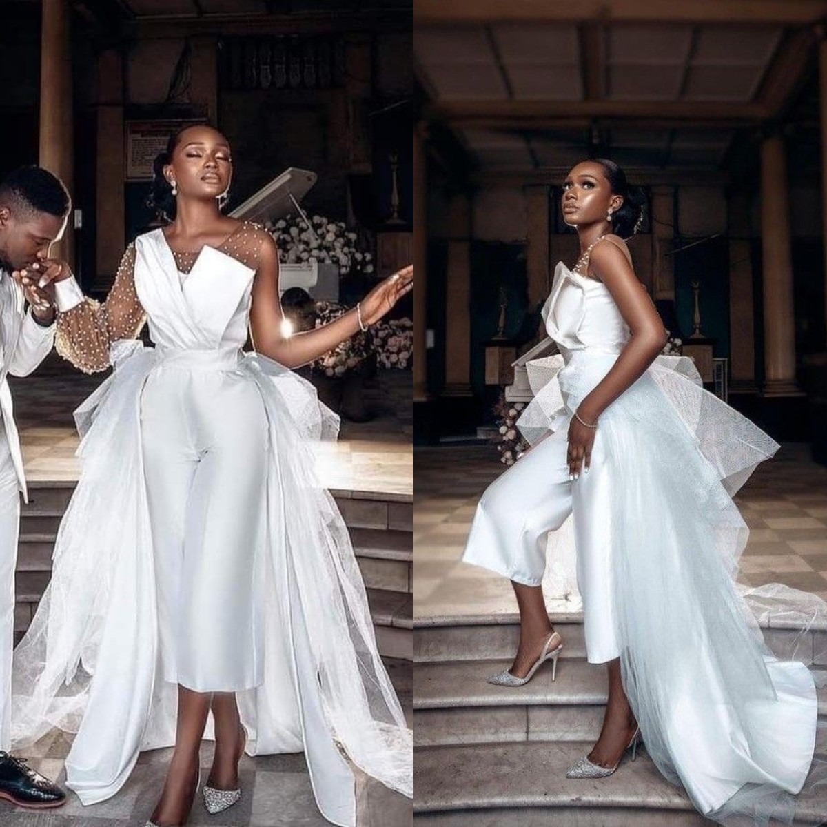 

Elegant White Jumpsuit Wedding Dresses Bridal Gowns with Detachable Train Sheer Long Sleeve Beaidng vestido de novia, Royal blue