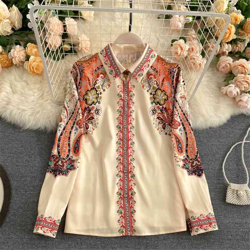 

women's shirt vintage printed blouse spring autumn turn-down collar long sleeve elegant ladies work office 210603, Apricot