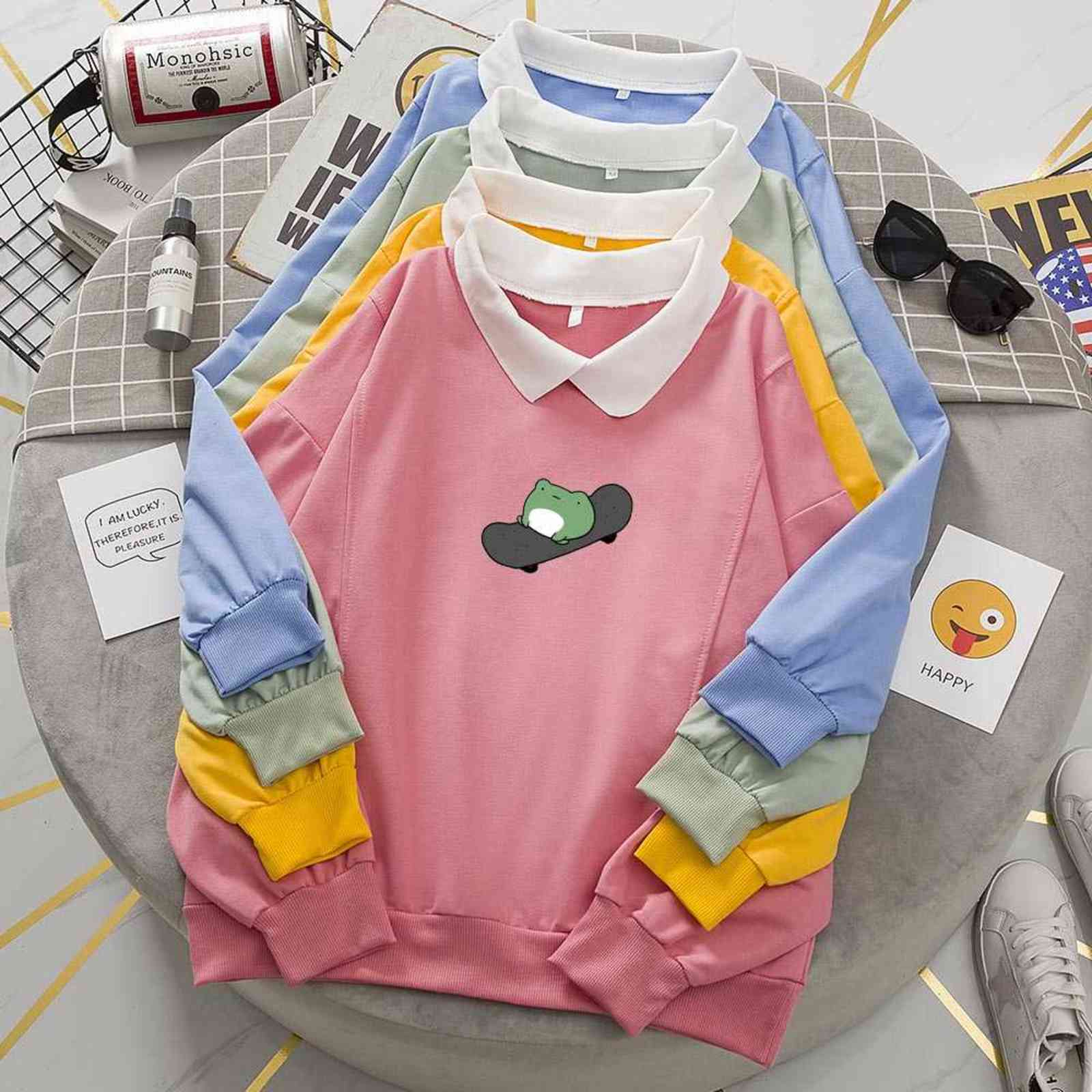 

Kawaii Skateboarding Frog Hoodie Oversized Sweatshirt Sweet Turn-down Collar Hoodies for Women Clothes Female Korean Sweatshirts 211108, Apricot