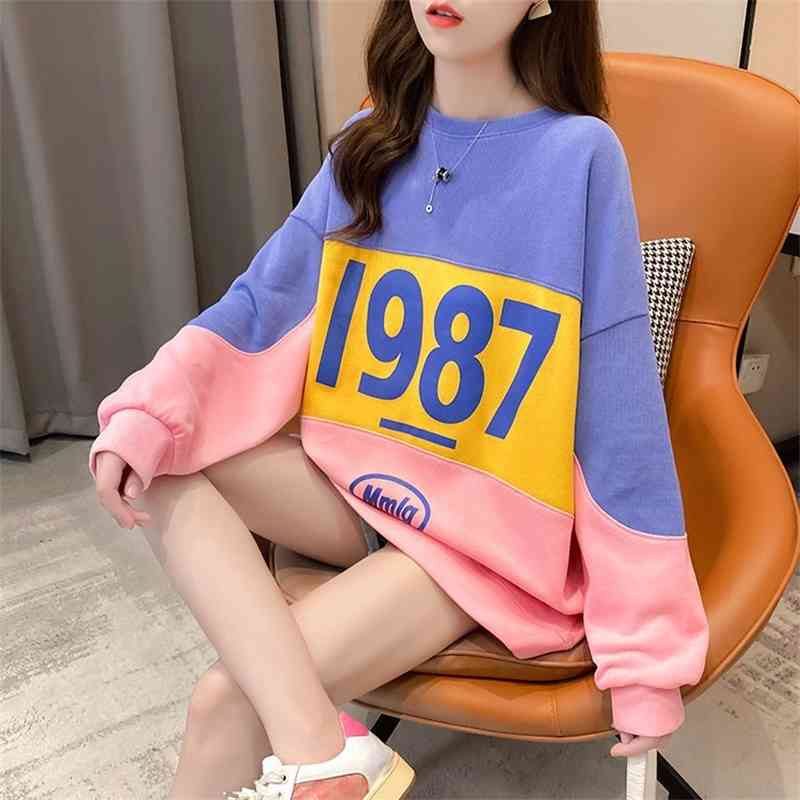 

Autumn Korean loose cotton round neck contrast stitching top large thin sweater women's wear, Black