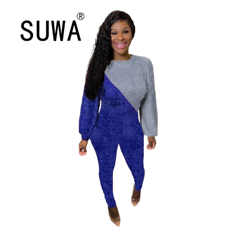 

INS Recommend Style Contrast Tracksuits Women Sets Plush Fall Winter Clothes Long Sleeve Top Tunic Pencil Pants Trousers 210525, Royal blue