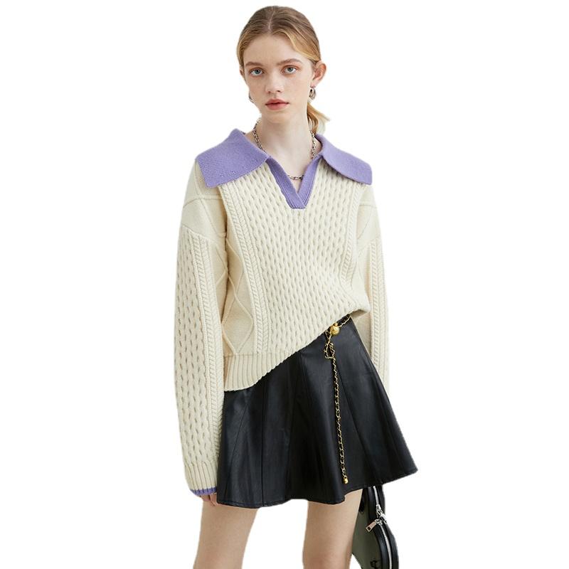 

Women' Sweaters Women Color-block Big Size Knitting Pullovers Sweater Loose Fit Lape Long Sleeve Fashion Autumn Winter 2021, Apricot color